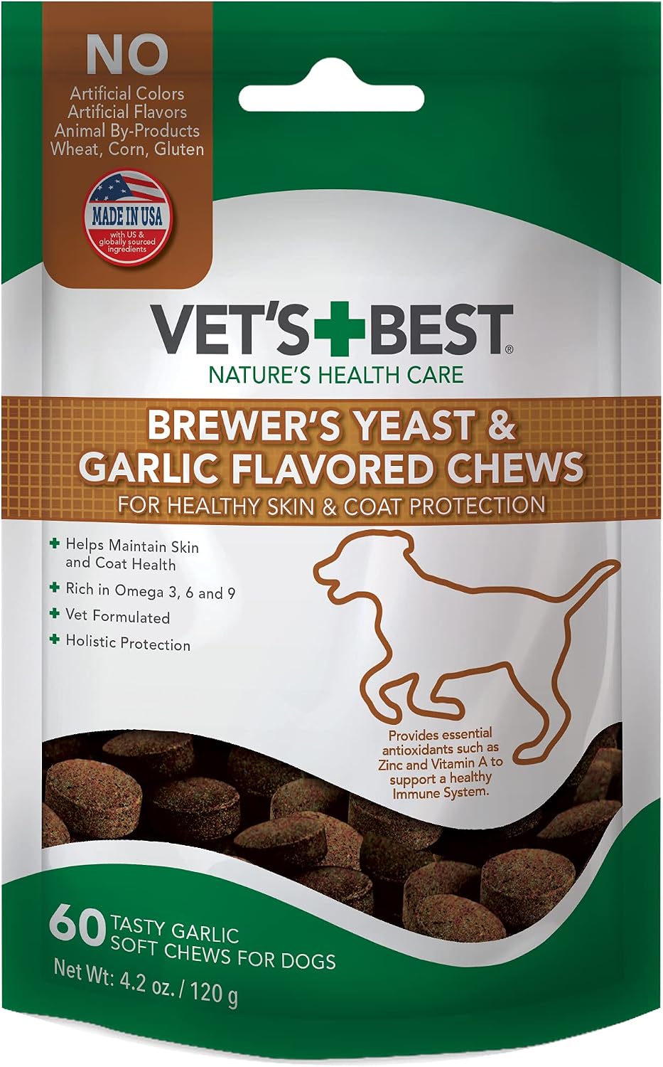 Vet’s Best Brewer’s Yeast & Garlic Chews for Dogs – Omega 3, 6 & 9 Skin & Coat Supplement, 60 Count
