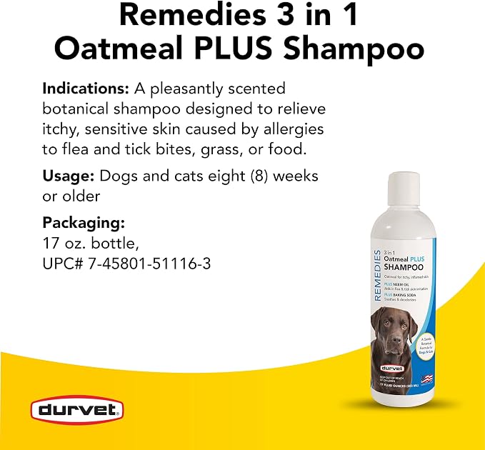 Durvet Remedies 3-in-1 Oatmeal Plus Shampoo for Dogs & Cats – Oatmeal, Neem Oil & Baking Soda, 17 oz