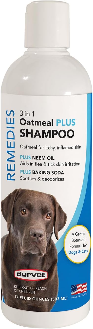 Durvet Remedies 3-in-1 Oatmeal Plus Shampoo for Dogs & Cats – Oatmeal, Neem Oil & Baking Soda, 17 oz