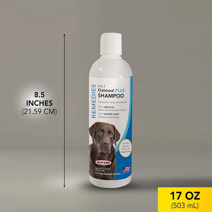 Durvet Remedies 3-in-1 Oatmeal Plus Shampoo for Dogs & Cats – Oatmeal, Neem Oil & Baking Soda, 17 oz