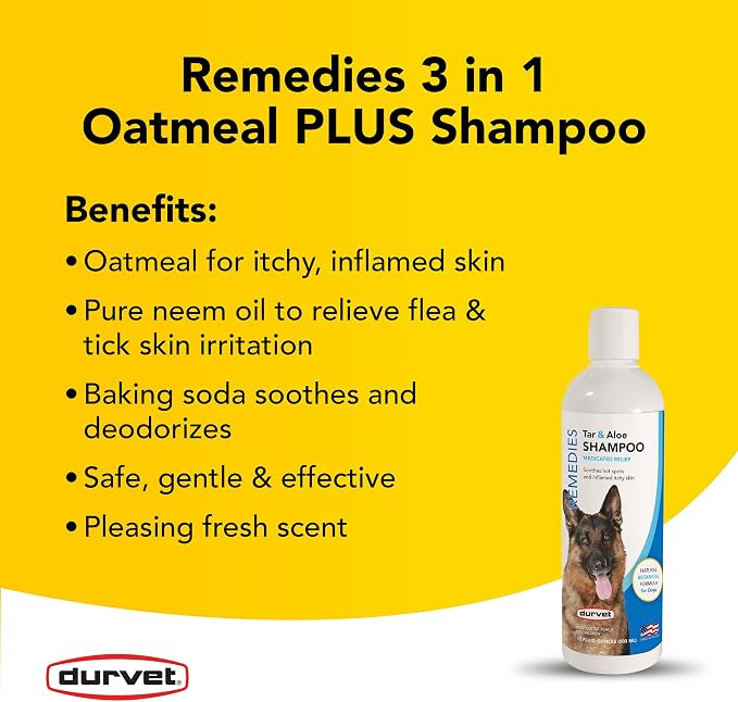 Durvet Remedies 3-in-1 Oatmeal Plus Shampoo for Dogs & Cats – Oatmeal, Neem Oil & Baking Soda, 17 oz